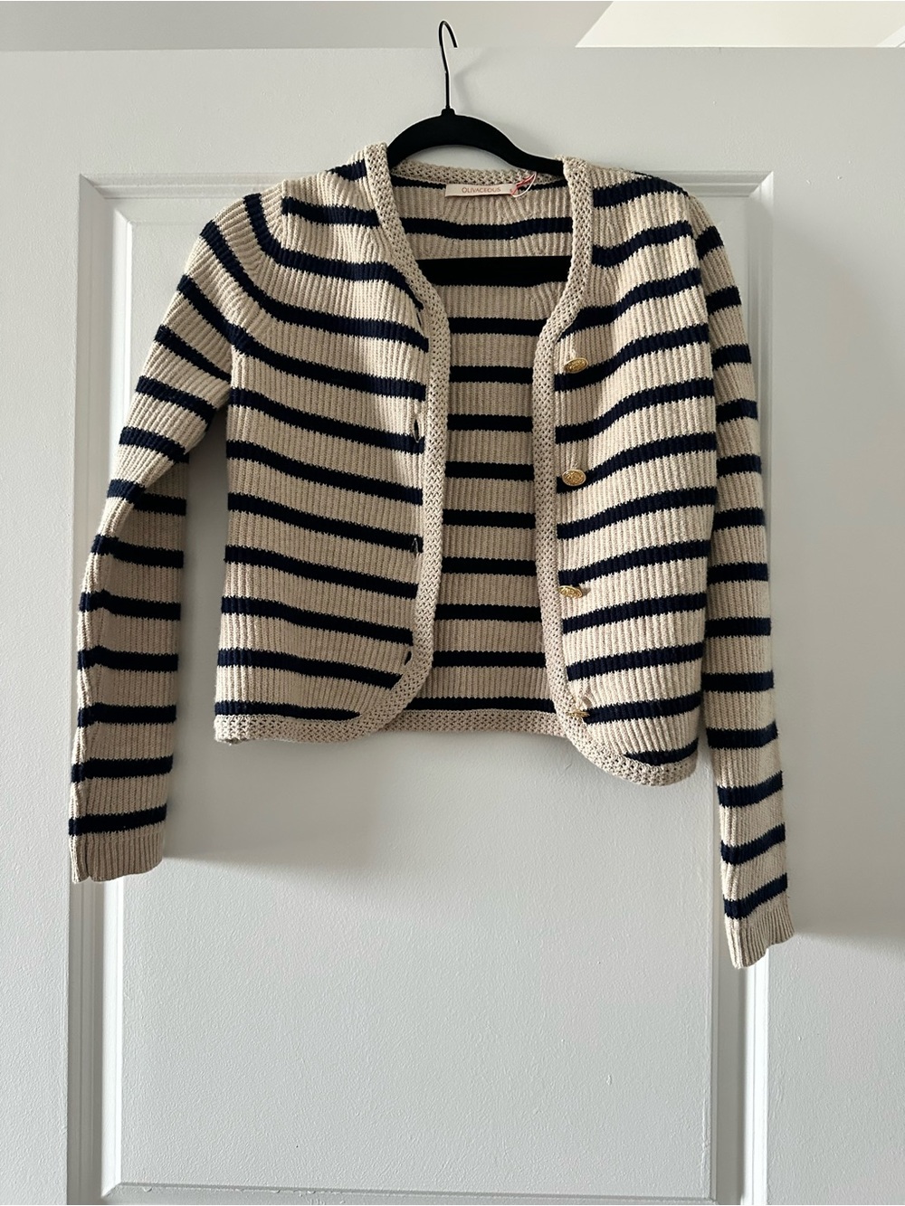 Olivaceous Cropped Striped Cardigan - Cream & Navy